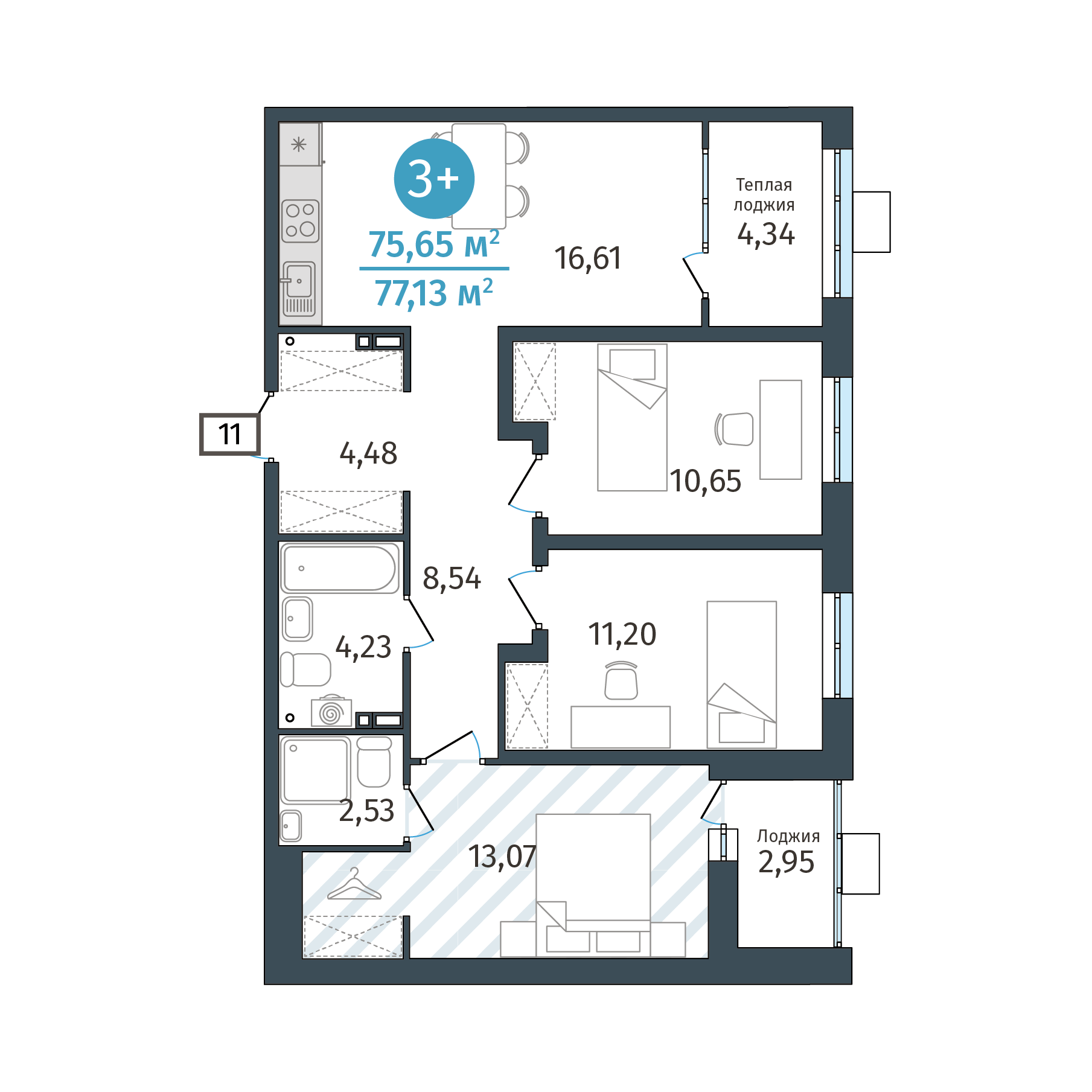 3-ком, 75.65 м² в ЖК Гринвуд в Тюмени, в доме ГП-2.4 от застройщика — ГК  «ТИС»