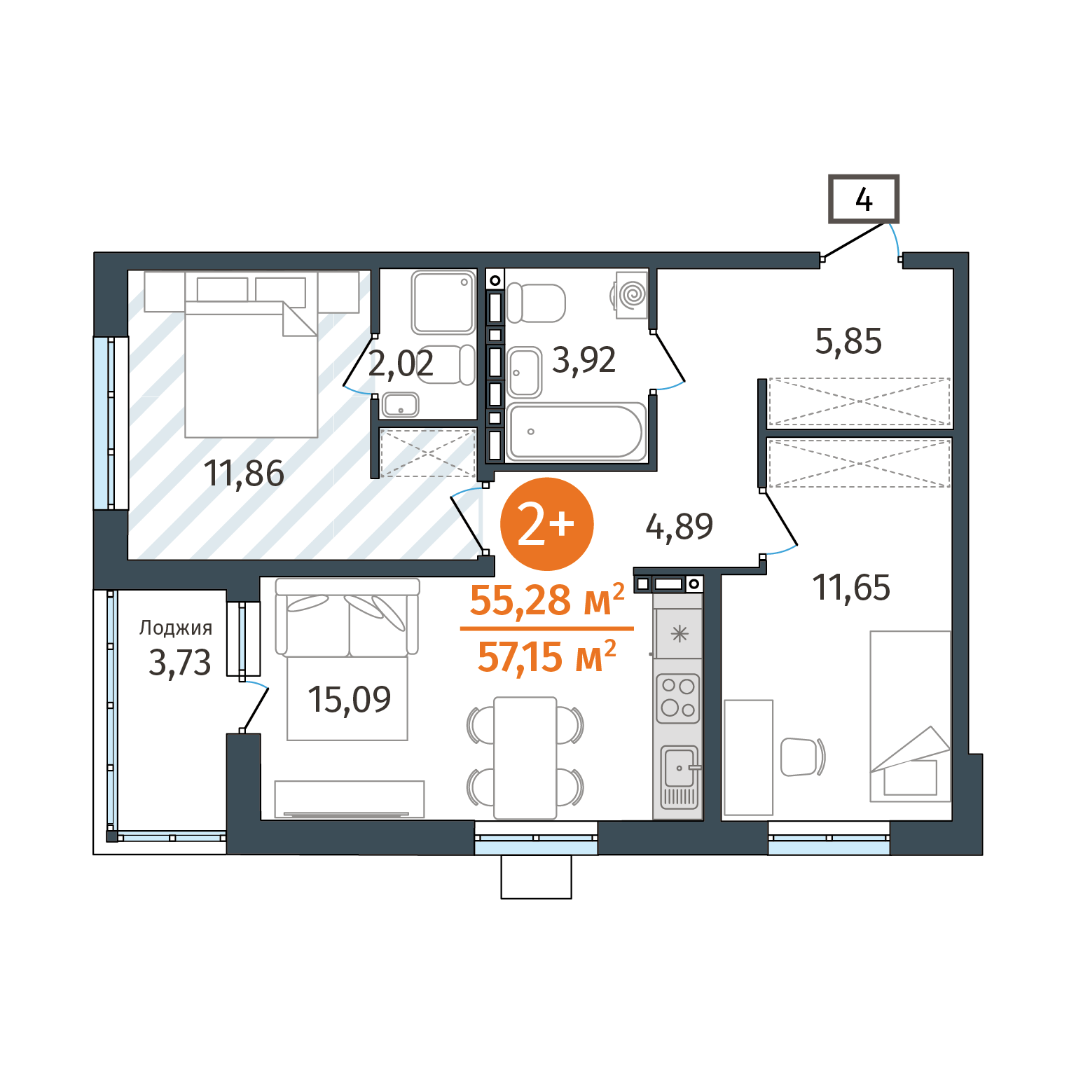 2-ком, 55.28 м² в ЖК Гринвуд в Тюмени, в доме ГП-2.4 от застройщика — ГК  «ТИС»