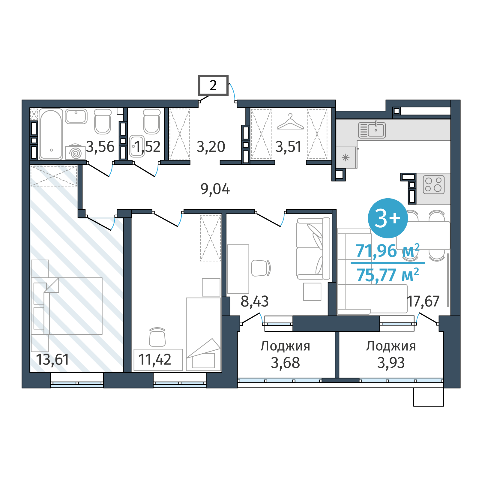 3-ком, 71.96 м² в ЖК Гринвуд в Тюмени, в доме ГП-2.3 от застройщика — ГК  «ТИС»