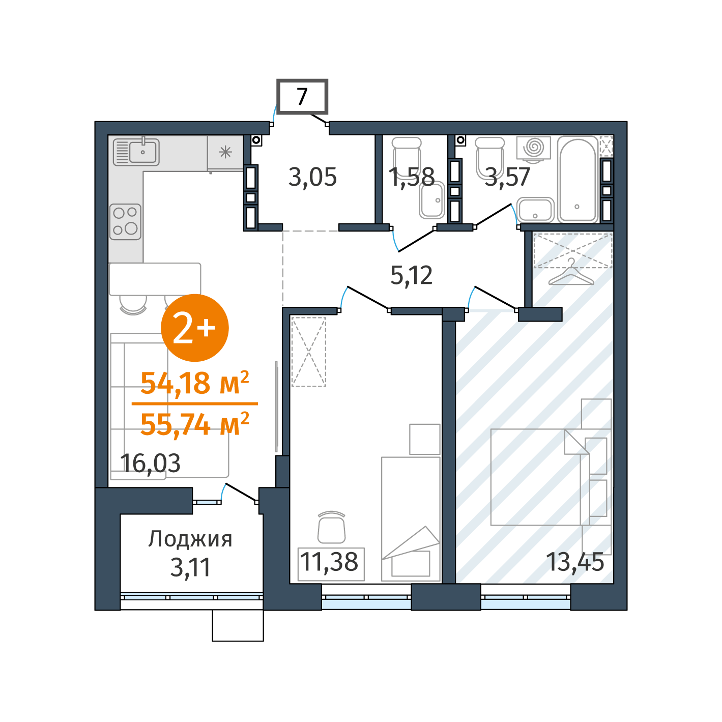 2-ком, 54.18 м² в ЖК Гринвуд в Тюмени, в доме ГП-2.3 от застройщика — ГК  «ТИС»