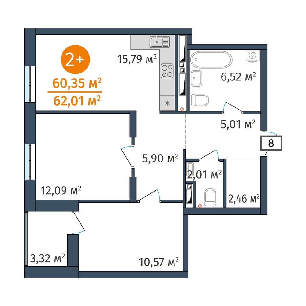 2-комнатная 60.4 м2 в ЖК DOK корпус null этаж 15