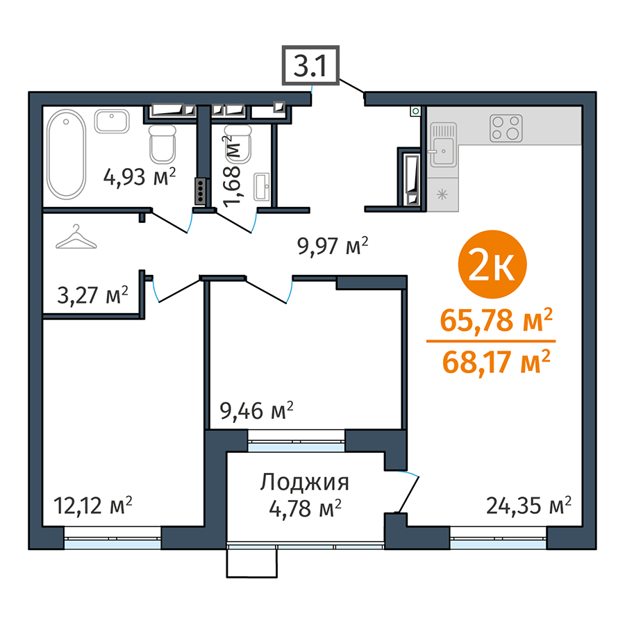 2-комнатная 65.8 м2 в ЖК DOK корпус null этаж 14