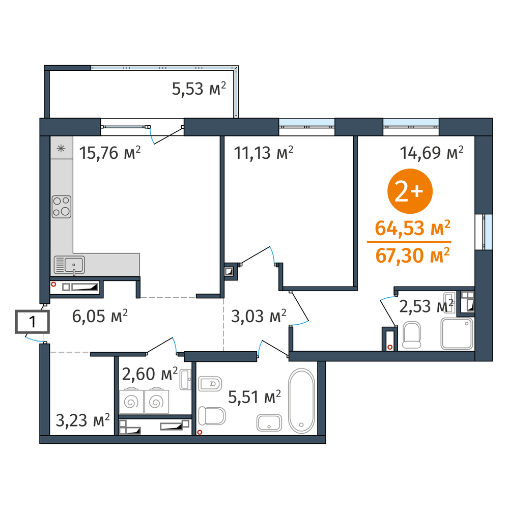 2-комнатная 64.5 м2 в ЖК DOK корпус null этаж 5