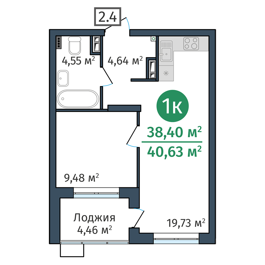 1-комнатная 38.4 м2 в ЖК DOK корпус null этаж 8