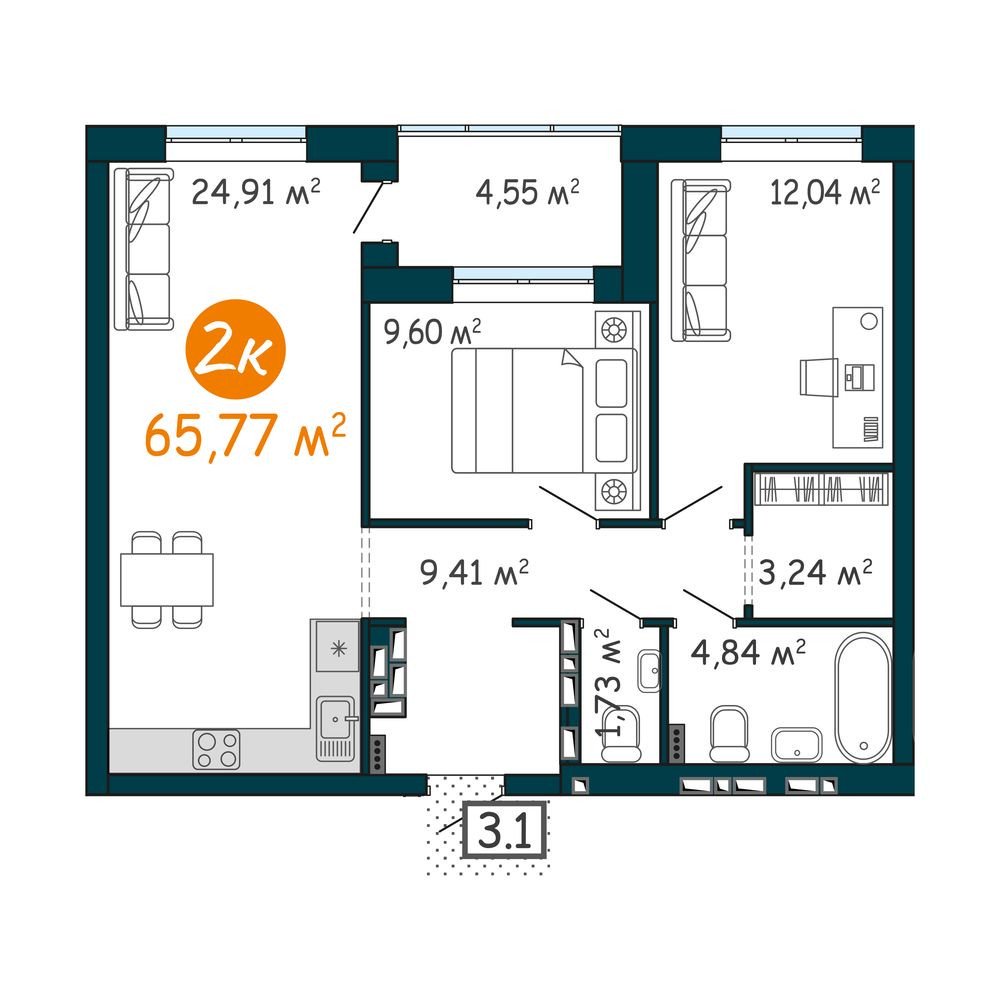 2-комнатная 65.8 м2 в ЖК DOK корпус null этаж 23