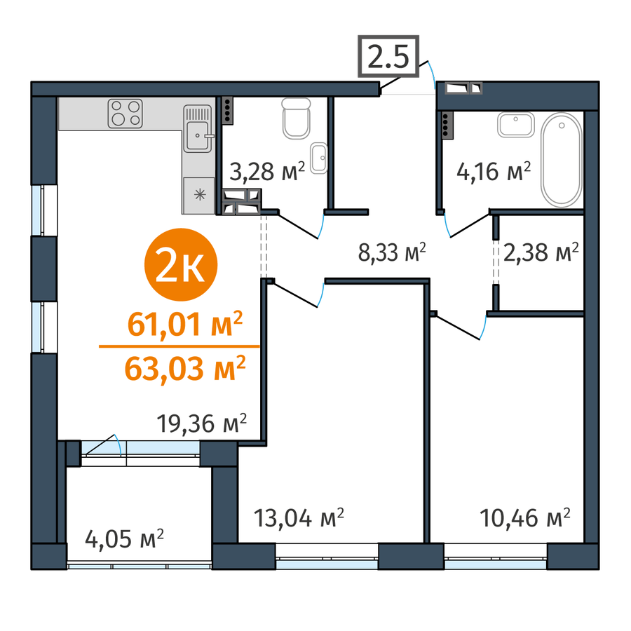 2-комнатная 61 м2 в ЖК DOK корпус null этаж 3