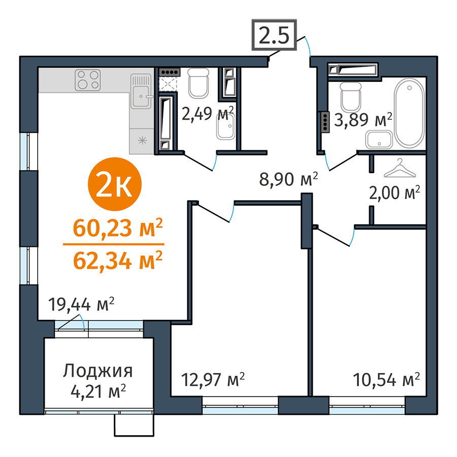 2-комнатная 60.2 м2 в ЖК DOK корпус null этаж 19