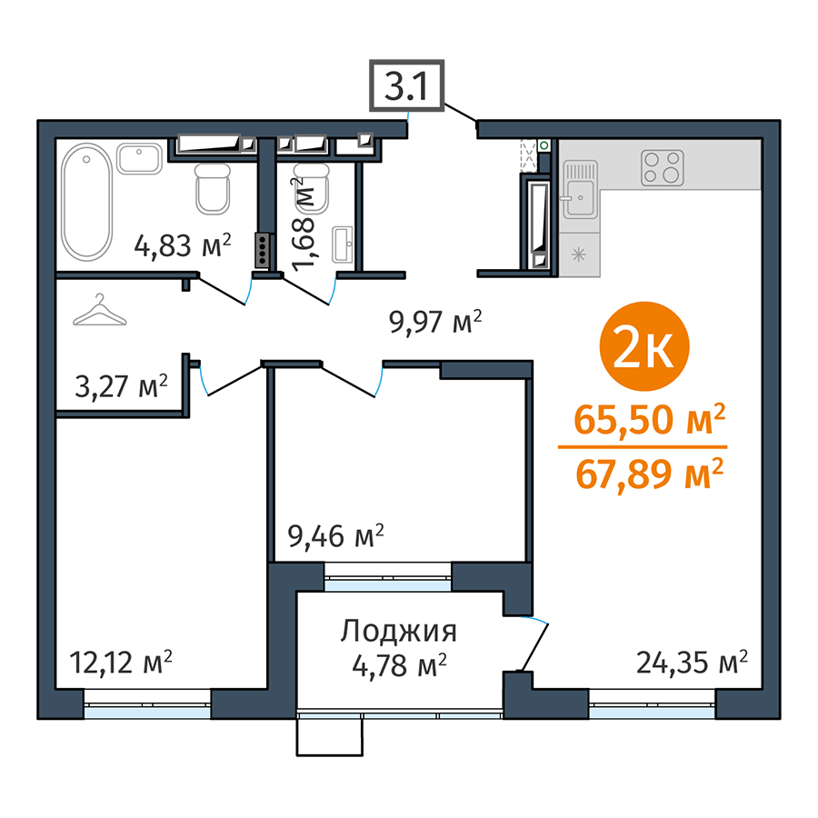 2-комнатная 65.5 м2 в ЖК DOK корпус null этаж 17