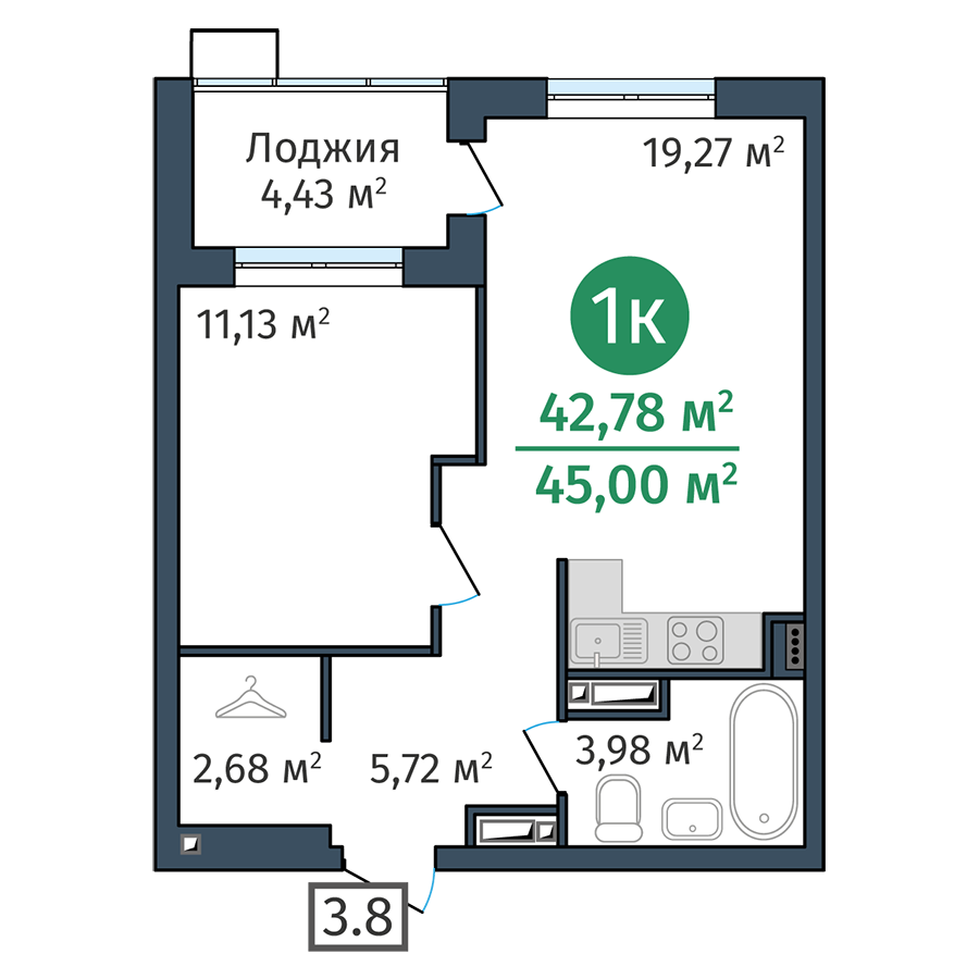 1-комнатная 42.8 м2 в ЖК DOK корпус null этаж 10