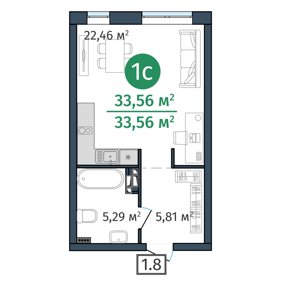 1-комнатная 33.6 м2 в ЖК DOK корпус null этаж 2