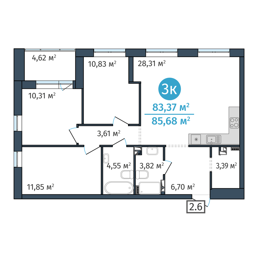 3-комнатная 83.4 м2 в ЖК DOK корпус null этаж 7