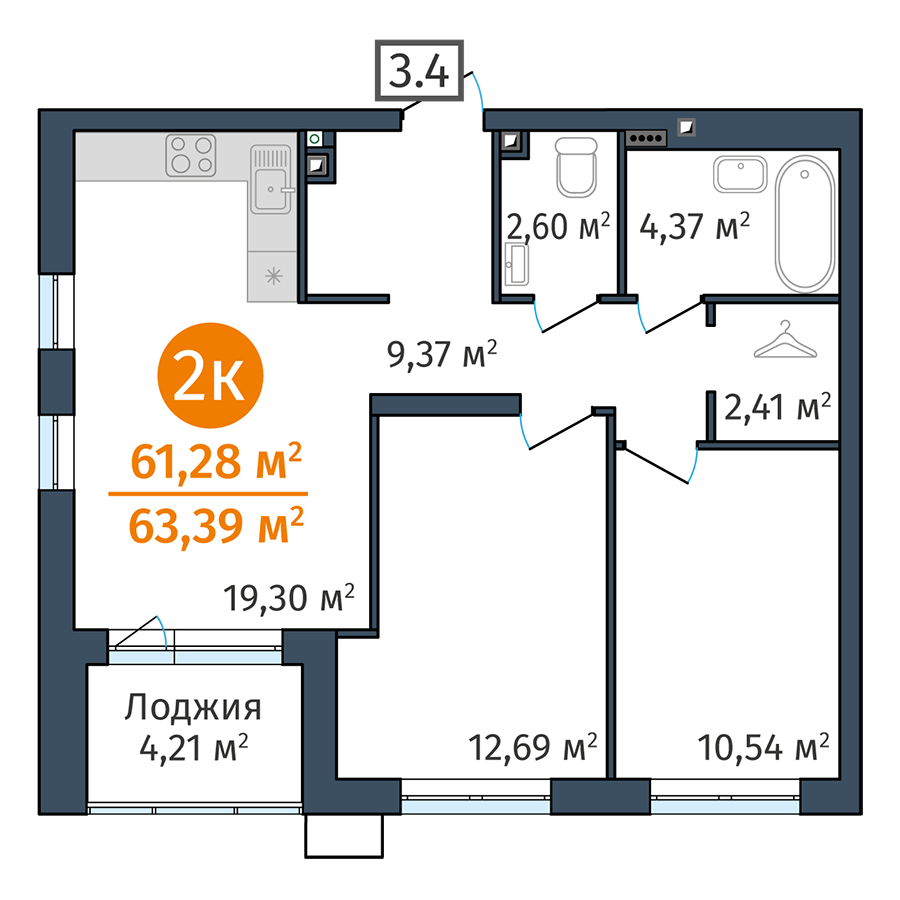 2-комнатная 61.3 м2 в ЖК DOK корпус null этаж 2