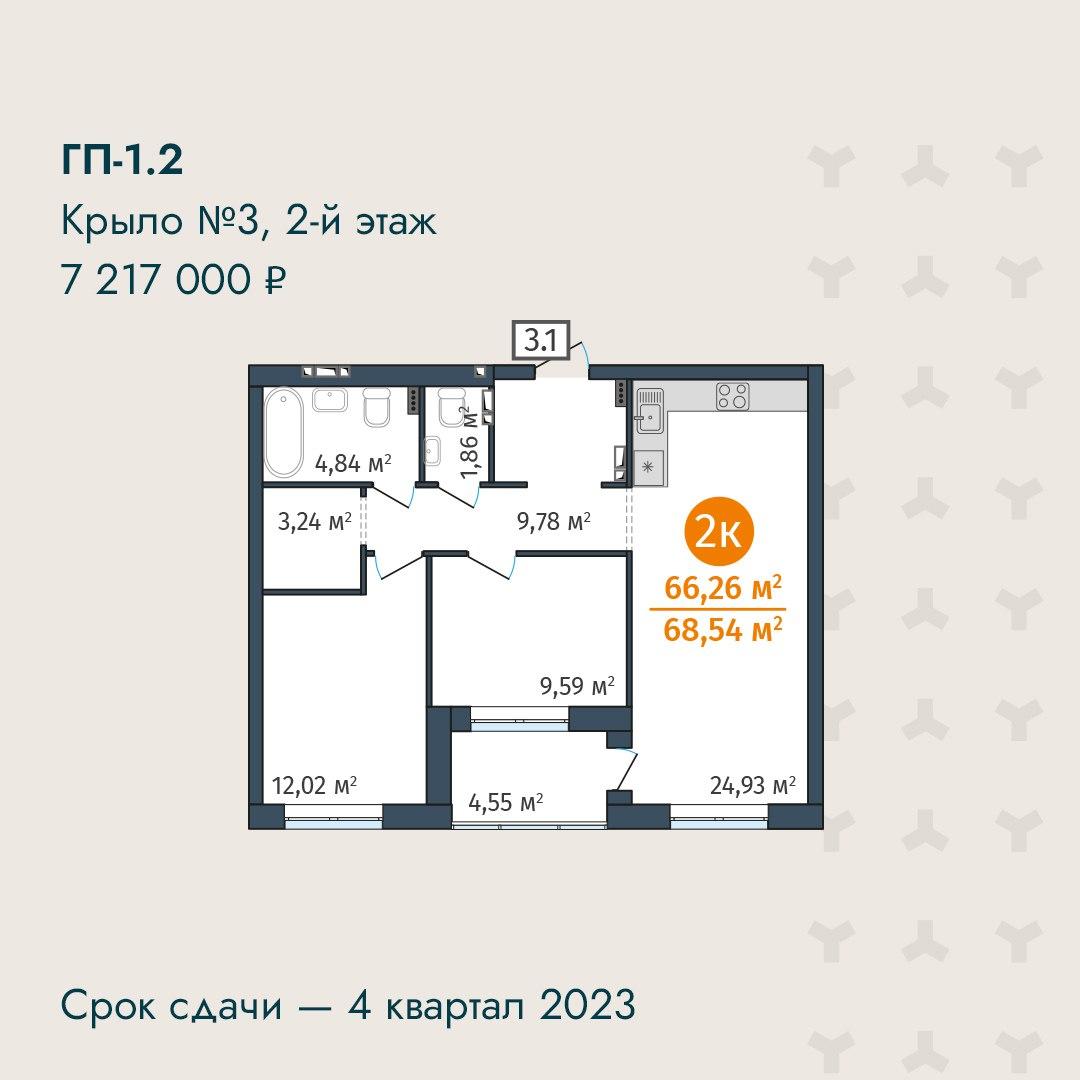 Двухкомнатная квартира в ЖК DOK, ГП-1.2, Крыло 3, 2-й этаж