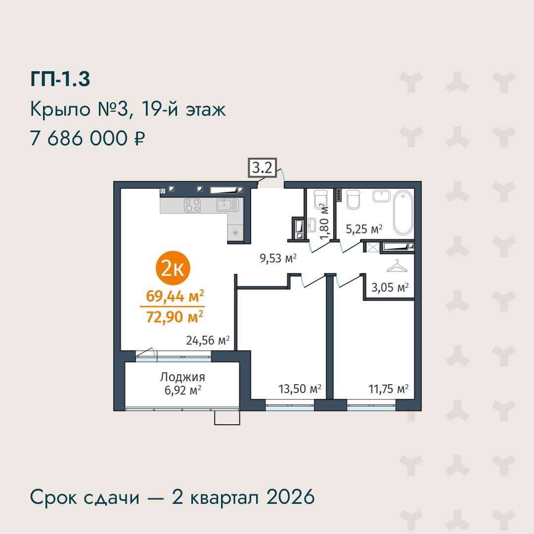 Двухкомнатная квартира в доме ГП-1.3 ЖК DOK, Крыло 3, 19-й этаж
